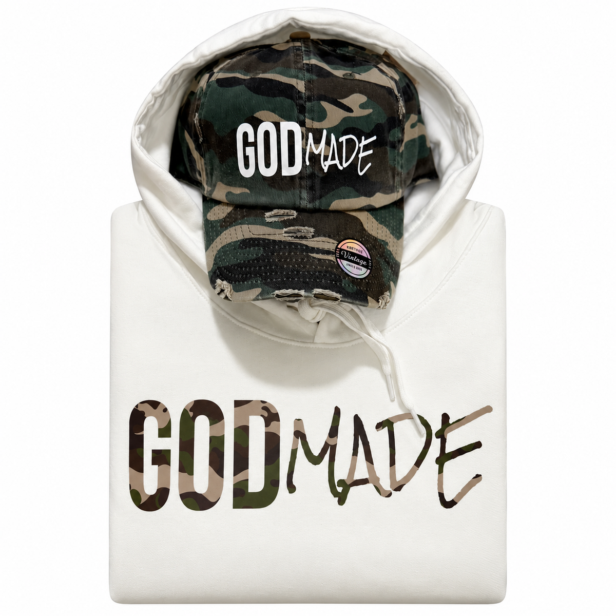 (Pure White & Camo) GodMade Unisex Hoodie & Hat Combo
