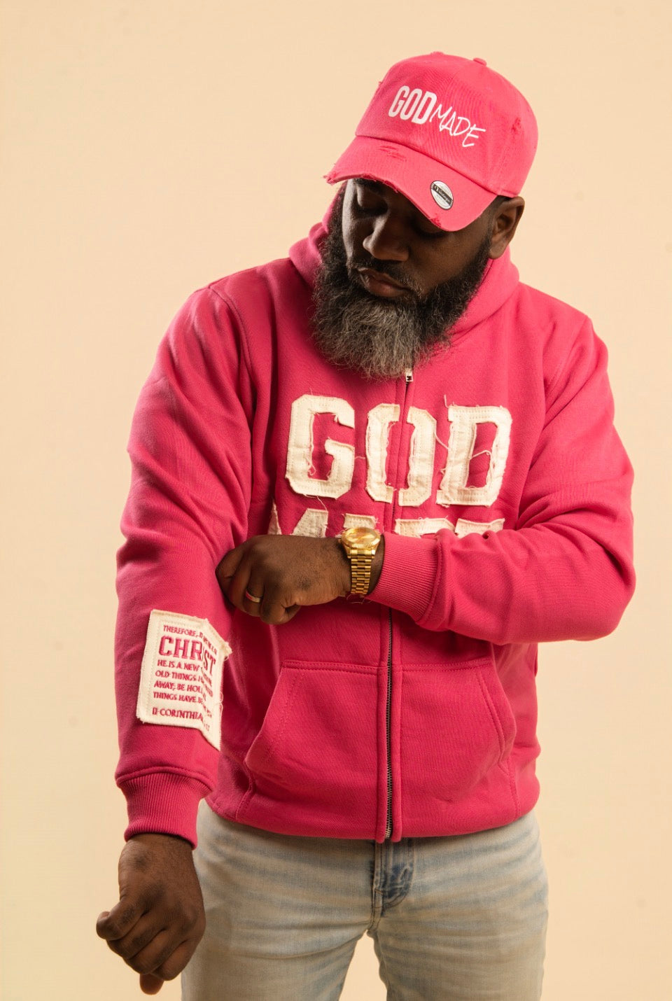 (Passion Pink) New Creation Distressed Letter Hoodie