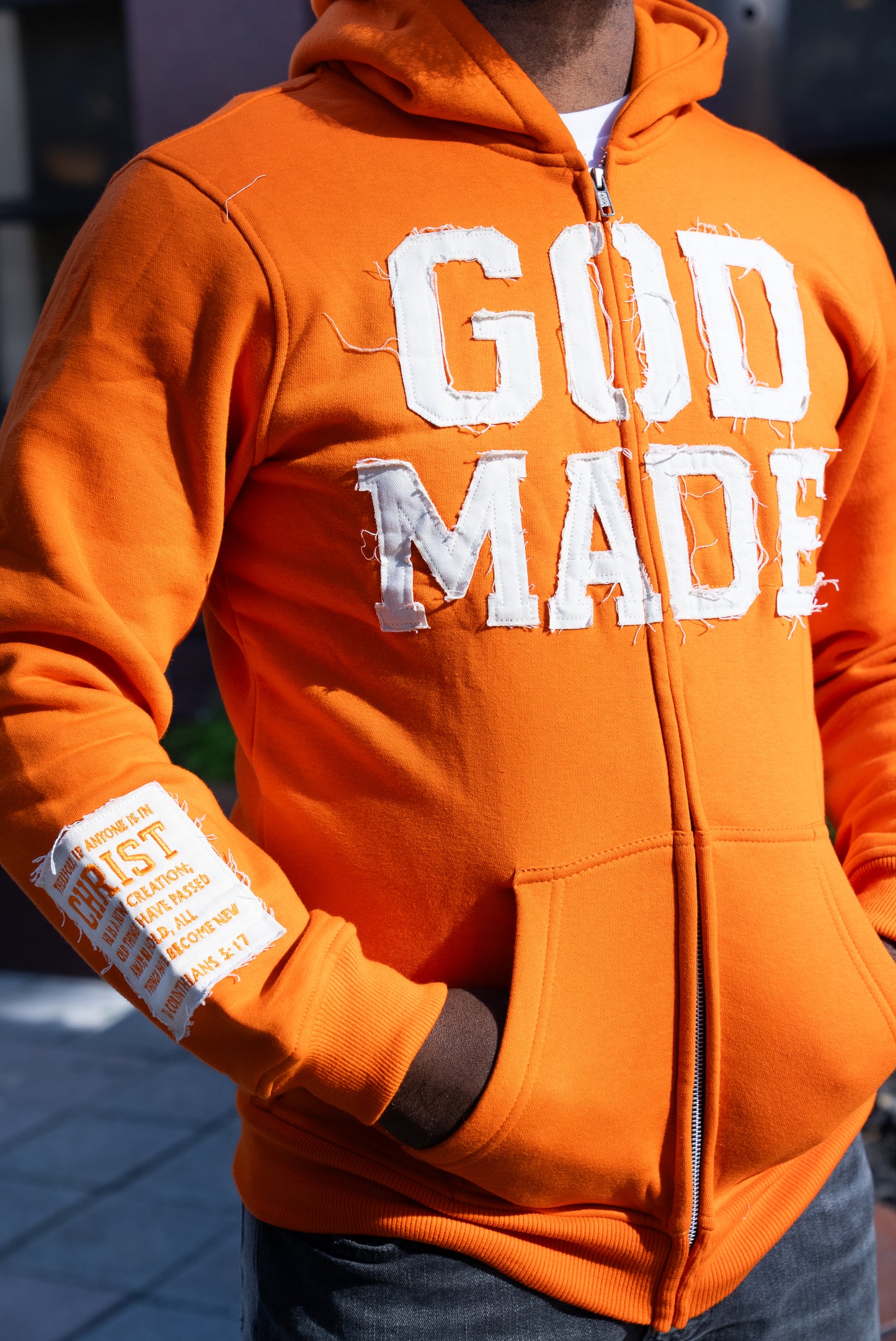 (Holy Fire Orange) New Creation Distressed Zip Unisex Hoodie