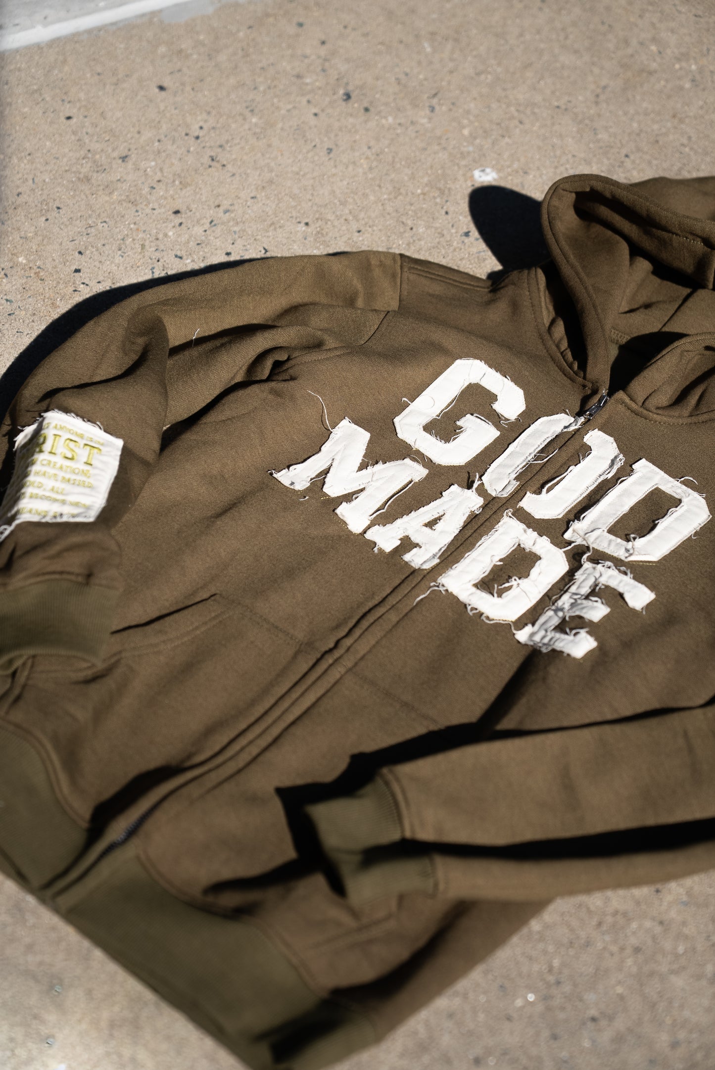 (Olive) New Creation Distressed Zip Unisex Hoodie