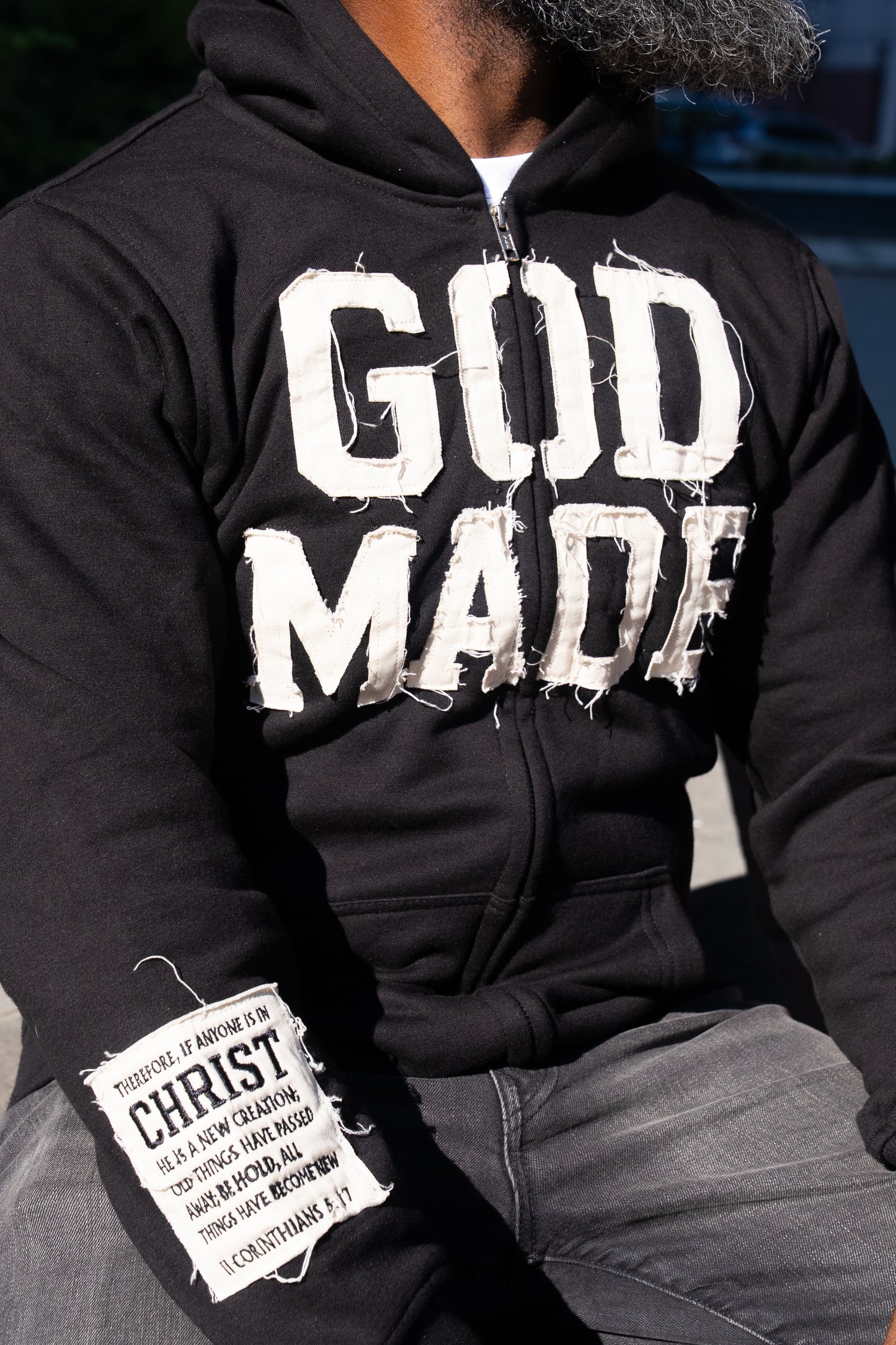 (Mercy Black) New Creation Distressed Zip Unisex Hoodie