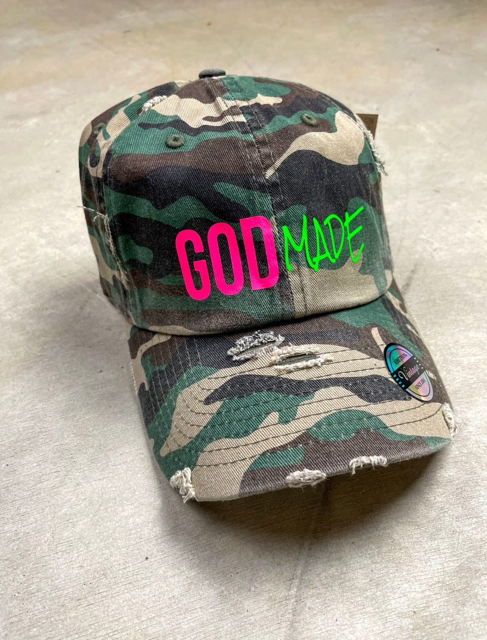 (Neon Pink & Green Camo) GOD MADE DAD HAT