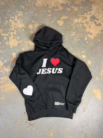 (Black) I ❤️ Jesus Puff Print Unisex Hoodie