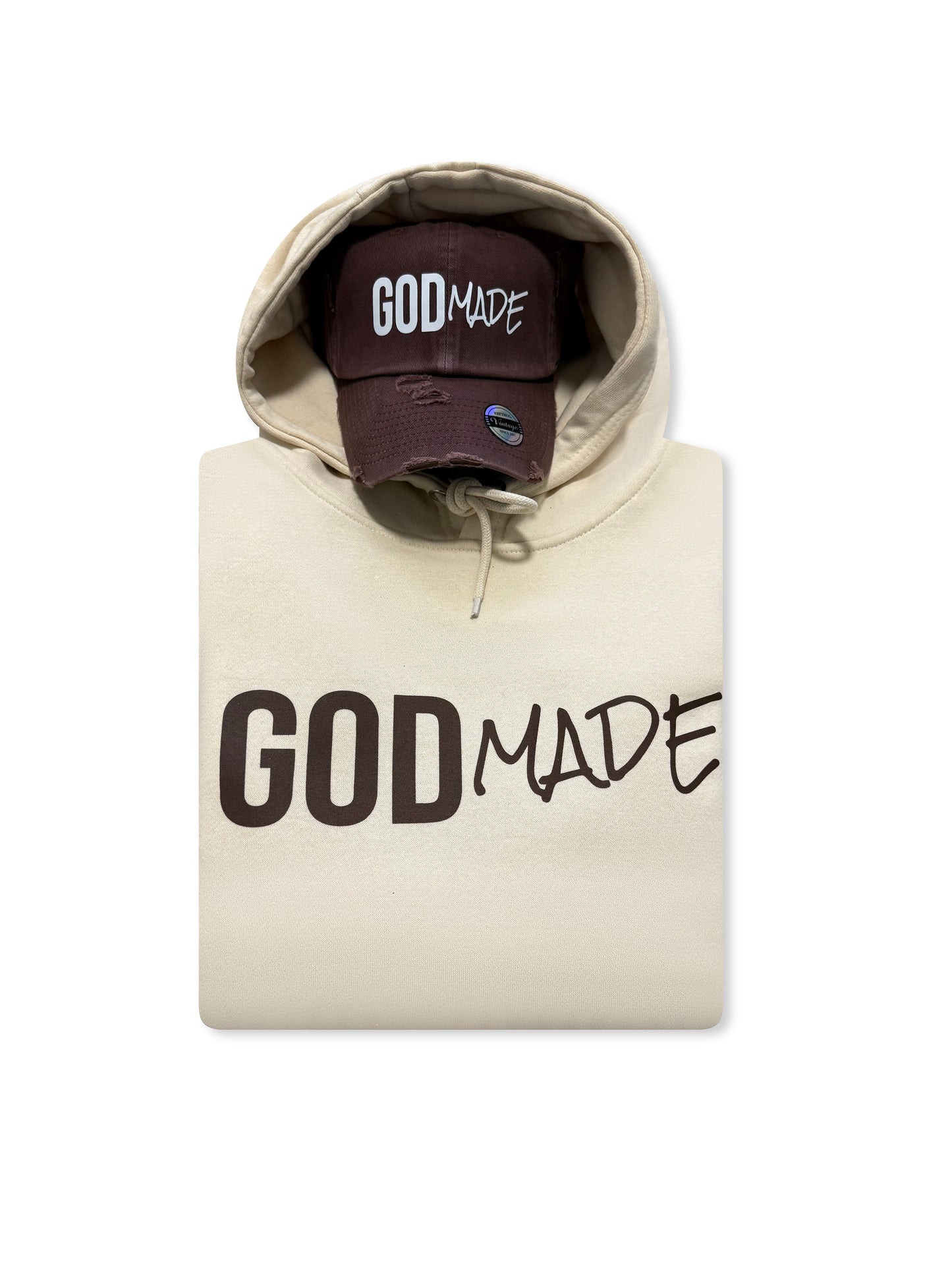 (Off White & Brown) GodMade Classic Unisex Hoodie & Hat Combo