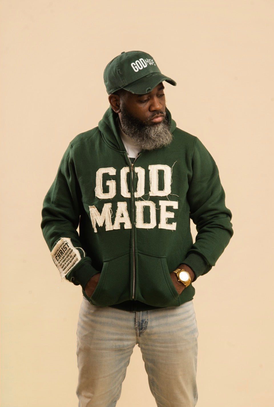 (Hunter Green) New Creation Distressed Letter Hoodie