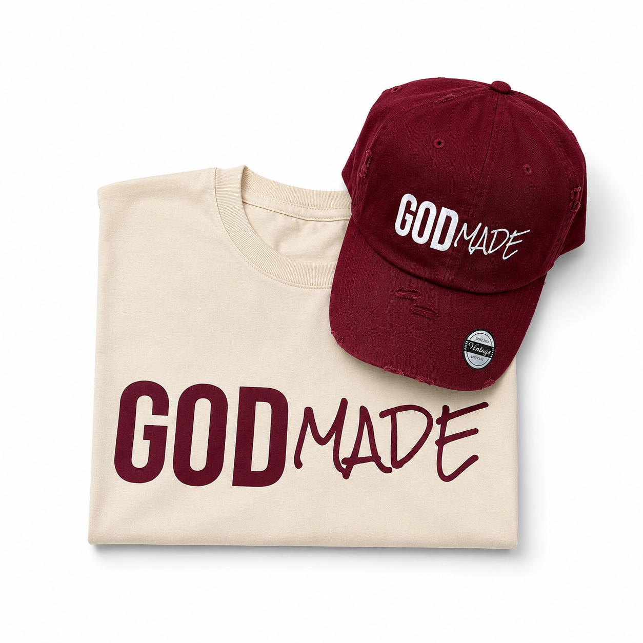 (Off White & Maroon) GodMade Unisex Hat & Shirt Combo