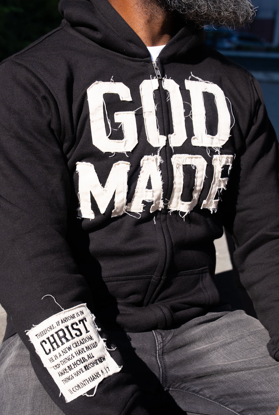 (Mercy Black) New Creation Distressed Letter Hoodie