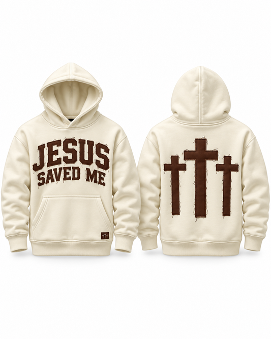 (Off White & Brown) Jesus Saved Me Distressed Unisex Hoodie