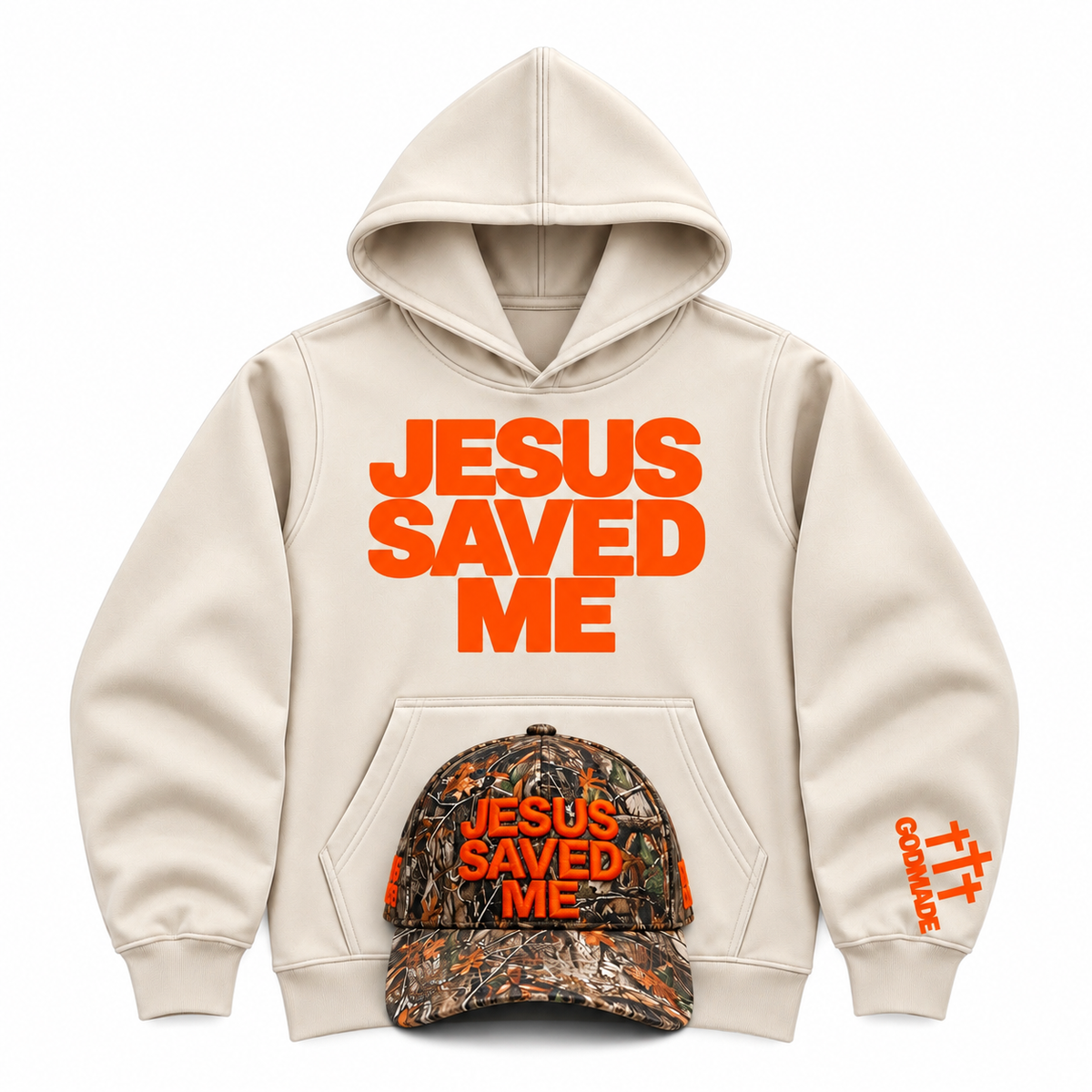 (Off White & Orange) Jesus Saved Me Hoodie & Hat Combo