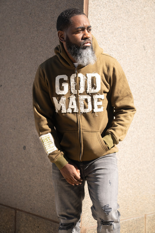 (Olive) New Creation Distressed Zip Unisex Hoodie