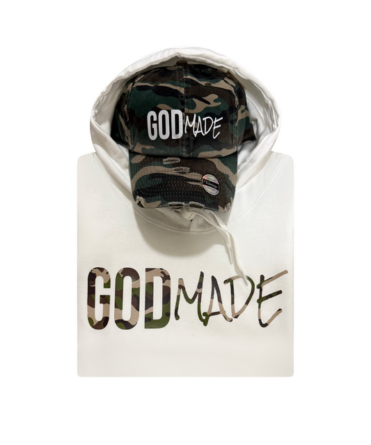 (Pure White & Camo) GodMade Unisex Hoodie & Hat Combo