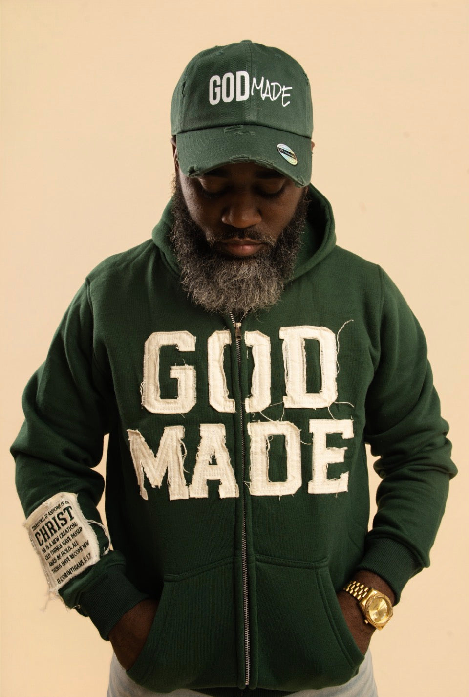 (Hunter Green) New Creation Distressed Letter Hoodie