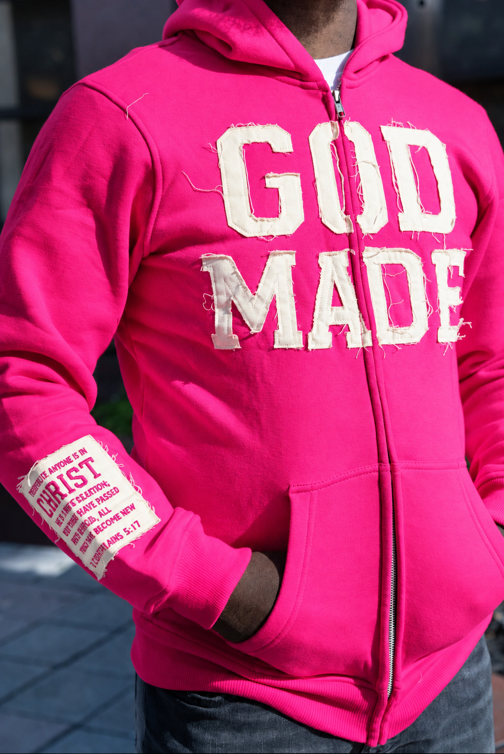 (Hot Pink) New Creation Distressed Letter Hoodie