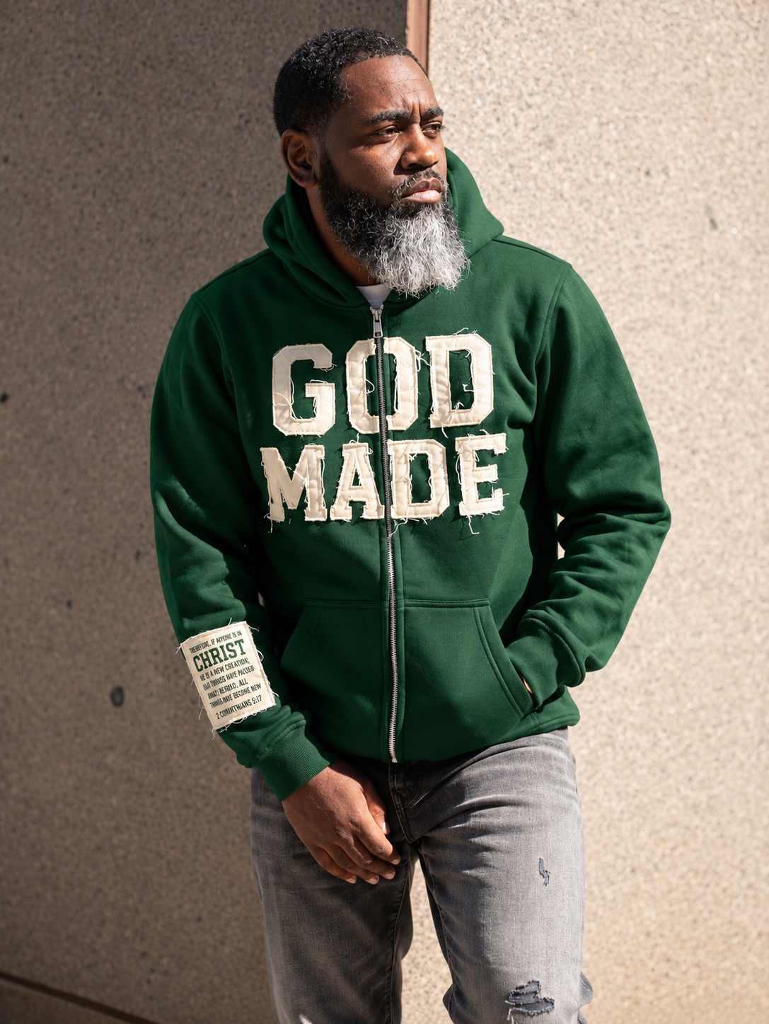 (Hunter Green) New Creation Distressed Letter Hoodie