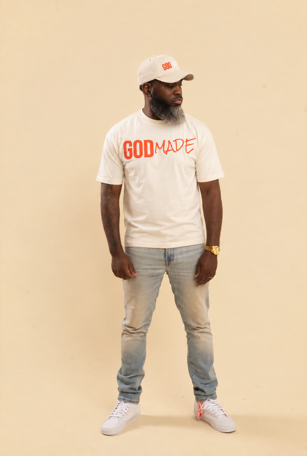 (Off White & Orange) GodMade Classic Hat & Shirt Combo