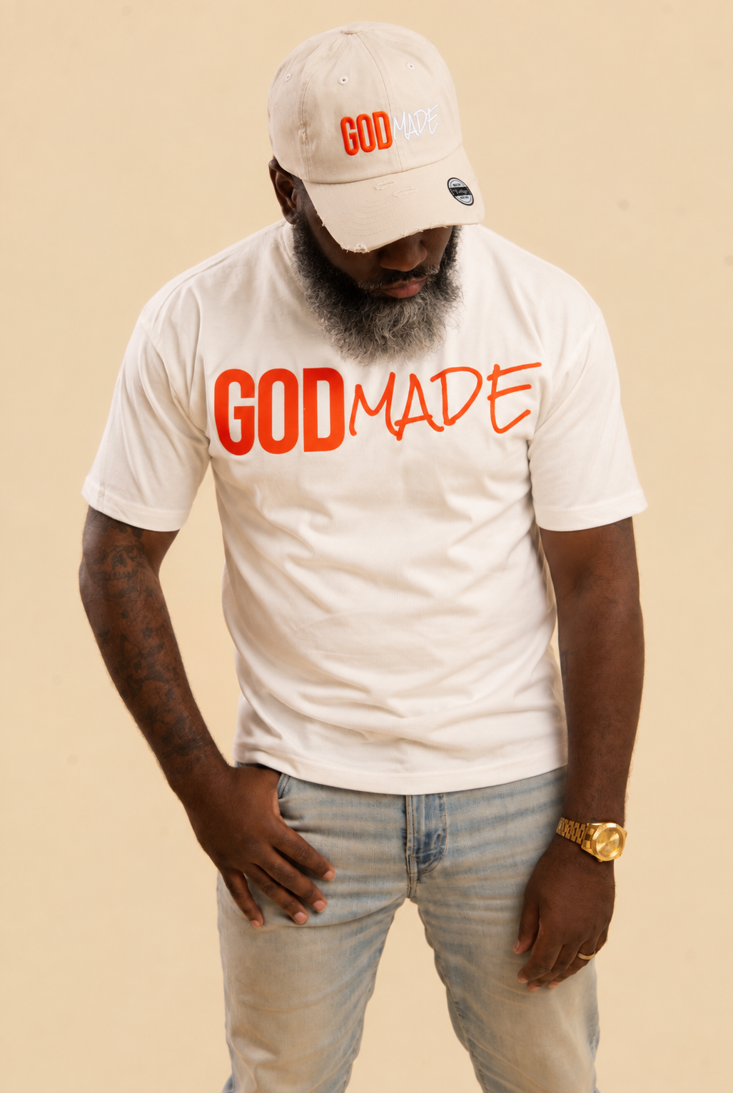 (Off White & Orange) GodMade Classic Hat & Shirt Combo